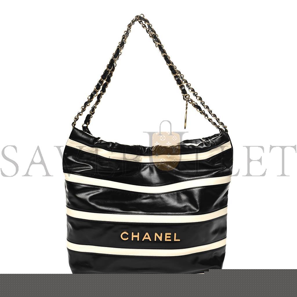 Ch*el master shiny calfskin striped small Ch*el 22 black white as3260 (37*35*7cm)